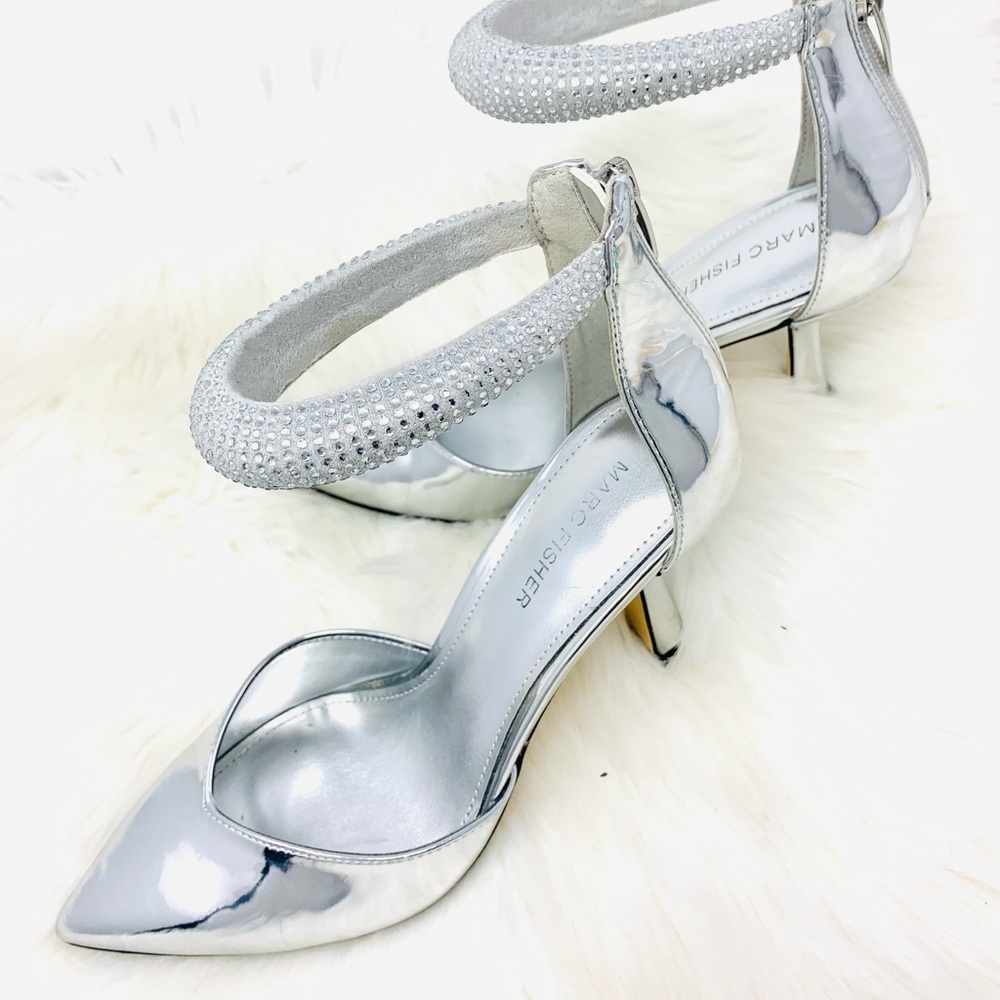 Marc Fisher metallic silver with  embellished strap pointed toe heels